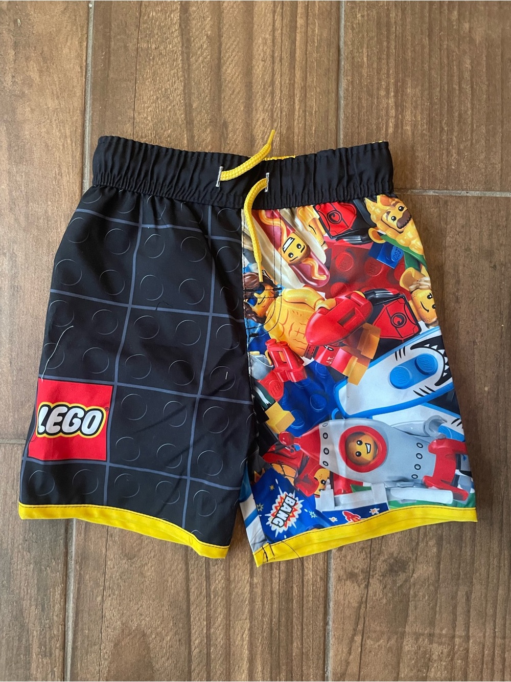 Lego Black & Multicolor Boys' Brick Print Swim Shorts with Yellow Trim